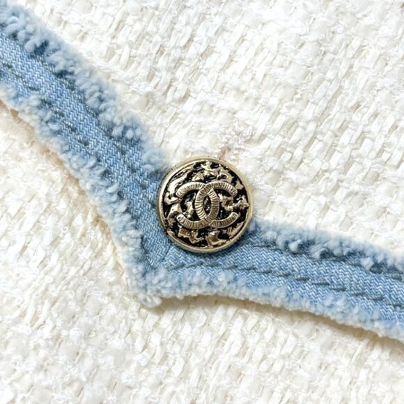 CHANEL Vintage 07P CC Logo Tweed Long Jacket Trim Denim #42 Blue White [106101] - Picture 10 of 14